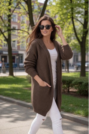 Kardigan damski oversize z kieszeniami kolor czekoladowy